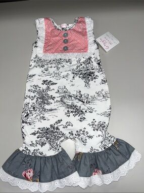 Giggle Moon White Black Toile Romper with Pink Yoke